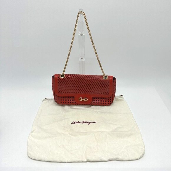 Salvatore Ferragamo Gancini punching Bag Chain Shoulder Bag Leather Red